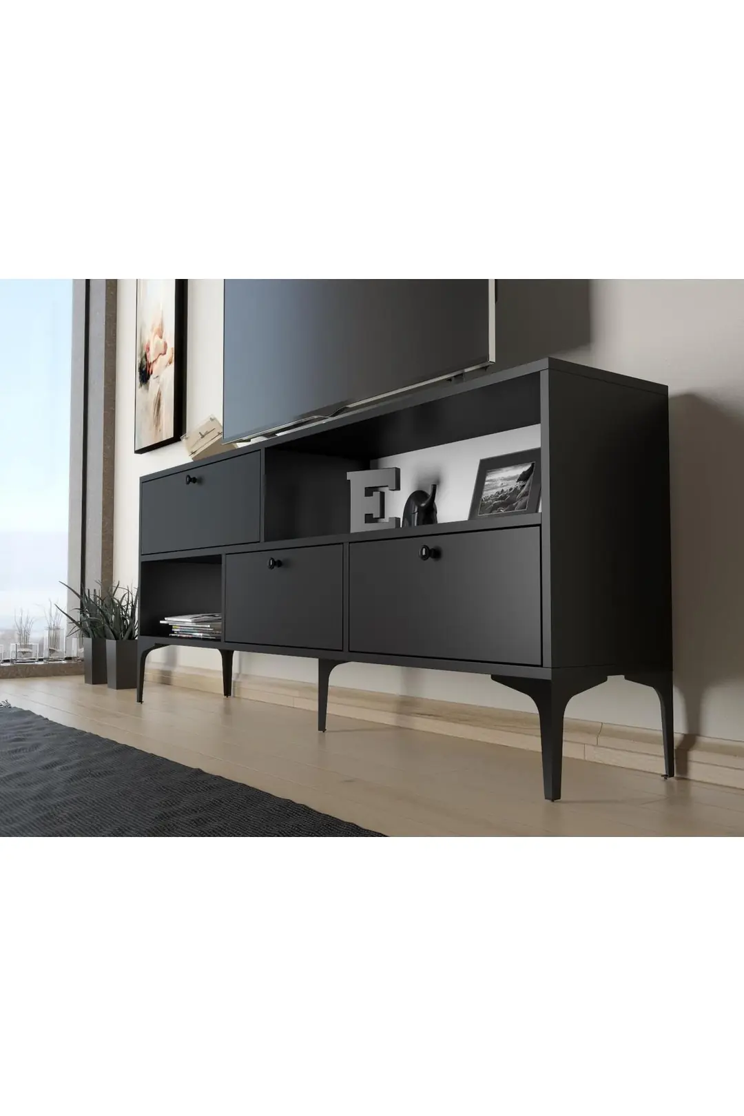 Katre 150 Cm Metal Ayaklı Tv Ünitesi - Siyah / Siyah